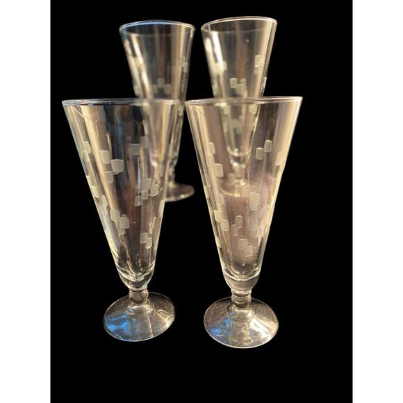 Set of Four Vintage Anchor Hocking Grey Etched CUBIST Pilsner Glasses 7 1/2” MCM - Picture 7 of 12